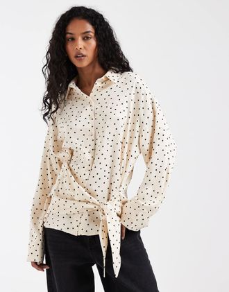 Asos Camicia oversize in raso color latticello a pois con foulard in coordinato-Multi