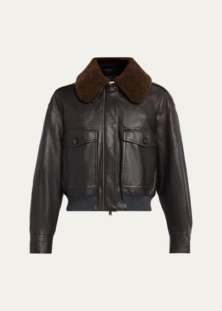Brunello Cucinelli Waxed Leather Aviator Jacket With Lamb Shearling Collar