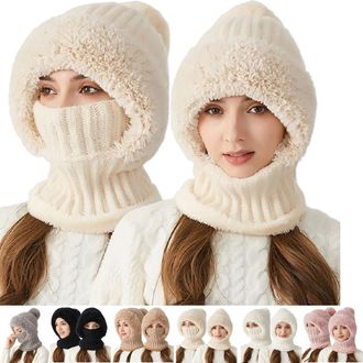 Generic 3 in 1 Beanie Hat for Women, Windproof Scarf Hat, Winter Hats for Women Cold Weather, Warm Snow Hats (UK, Alpha, One Size, with Ball on Top - Beige)