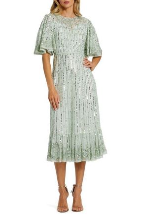 Mac Duggal Embellished Flounce Sleeve Midi Dress in Sage at Nordstrom, Size 20