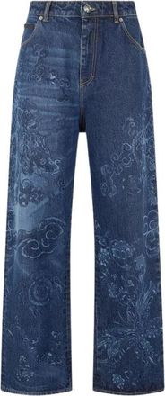 Roberto Cavalli Wijde spijkerbroek met draken- en bloemenpatroon - Heren - Loose Fit Jeans - Blauw - W31 - Katoen - Jeans
