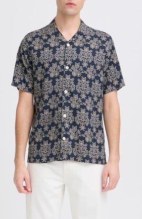 Casual Friday Regular Fit Cotton Blend Camp Shirt in Navy Blazer at Nordstrom, Size X-Large