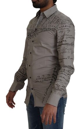 Dolce & Gabbana Mens Gray Printed Cotton Slim Dress Gold Shirt