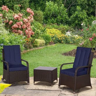OUTSUNNY Rattan 3PCs Chair Table Bistro Set Patio Set w/ Steel Frame in Dark Blue