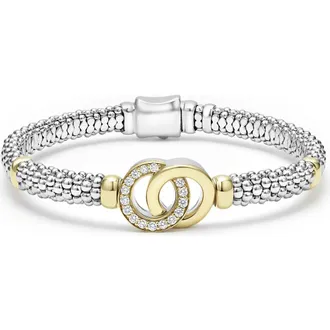 Lagos Signature Caviar Diamond Interlock Circle Bracelet, 6mm in Silver at Nordstrom, Size 6.5