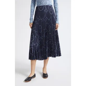 Marimekko Pii Piirto Unikko Pleated Midi Skirt in Dark Blue Light Blue at Nordstrom, Size Xx-Small