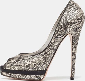 Casadei Two Tone Satin And Lace Peep Toe Platform Pumps