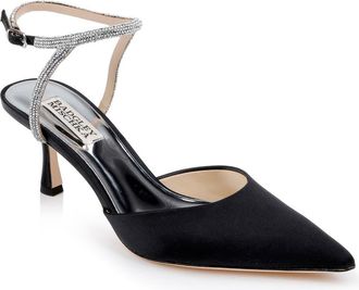 Badgley Mischka Autumn Pointed Toe Ankle Strap Pump in Blacksatin at Nordstrom, Size 5.5