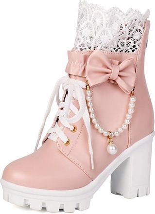 Generic Womens Cute Lolita Platform Ankle Boots with Lace Pearl Chain Bow Block High Heel Goth Punk Party Dress Shoes with Zipper (7.5,Pink)