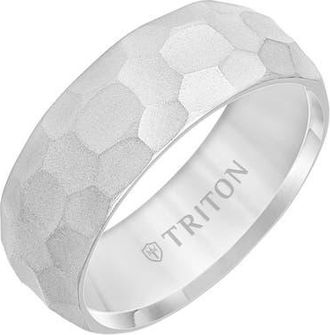 Triton 8MM Tungsten Carbide Ring with Hammered Edge To Edge in Metallic Silver at Nordstrom, Size 12.5