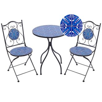 Beliani Conjunto De Balc&oacute;n Jard&iacute;n Exterior Metal Estilo Vintage Patr&oacute;n Mosaico Estructura De Hierro Negro Azul Cigilano