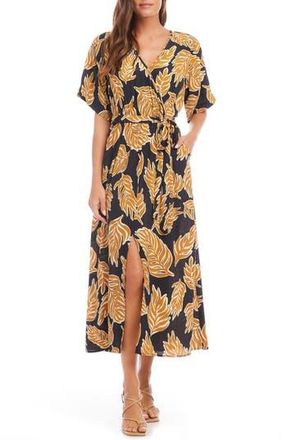 Karen Kane Leaf Print Faux Wrap Midi Dress in Black Yellow Print at Nordstrom Rack, Size Small