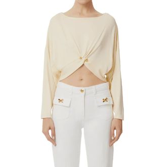 Elisabetta Franchi Round-neck Knitwear, female, Beige, Size: S Long Sleeve Jersey Top with Piercing