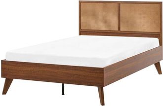 Beliani Letto matrimoniale in legno di gomma con testiera in vimini marrone scuro 120 x 200 cm Monpazier