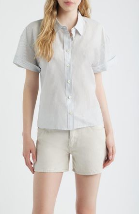 Frame Denim The Boardwalk Stripe Short Sleeve Cotton & Silk Button-Up Shirt in Ocean Blue Multi at Nordstrom, Size Medium