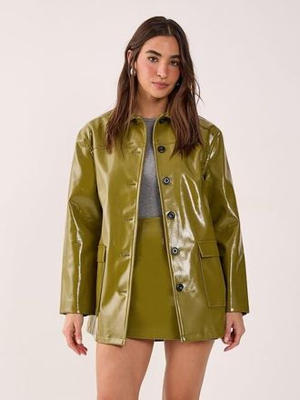 NASTY GAL Vinyl High Clean Longline Jacket in Olive at Nordstrom, Size 12