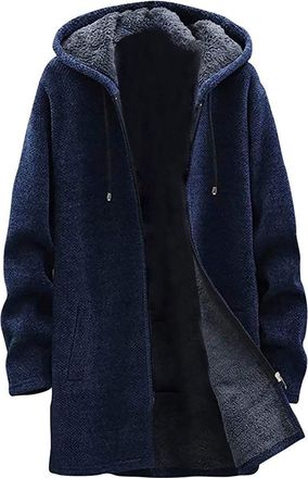 Generic Zip up Hoodies for Men Comfy Fleece Lined Thermal Cozy Cardigans Soft Mid-Length Winter Coat Solid Color Windbreaker Warm Hooded Mens Overcoat Drawstr