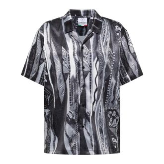 Carlo Colucci Shirt met gebreide print - Heren - Korte mouwen Overhemden - Zwart - L - Polyester - Overhemden