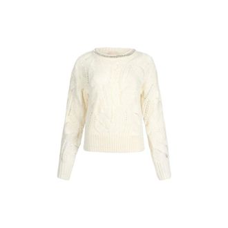 Liu Jo Round-neck Knitwear, female, White, M, Cable-Knit Sweatshirt Bianco Lana Aw25