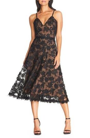 Dress The Population Tahani Floral Embroidered Fit & Flare Midi Dress in Black-Nude at Nordstrom Rack, Size Xx-Large