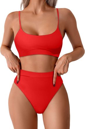 Generic Womens High Waisted Bikini Set High Cut Bikini Set Swimming Costume Women 2 Piece Bikinis Sets Square Neck Ribbed Swimsuit for Pool Vacation Spa Red
