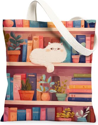 Generic Artistic Cat Canvas Tote Bags, Vintage Bookshelf Plant Pattern Reusable Grocery Bags, Lightweight Washable Shoulder Strap T, Multicolor, 13x15 Inch