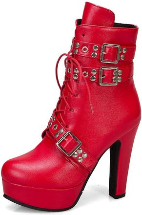 Generic Womens Gothic Platform Ankle Boots Faux Leather High Block Heel Studded Straps Lace Up Combat Style Casual Streetwear and Travel,Red,6.5 UK