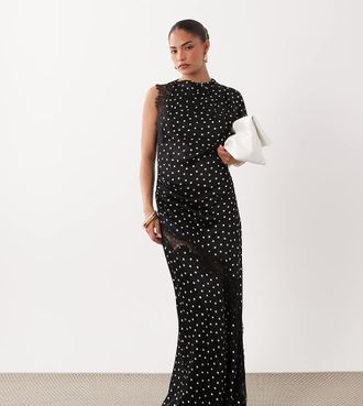 Forever New Forever New - Vestito lungo in raso nero a pois con scollo dritto e dettaglio asimmetrico in pizzo-Multi