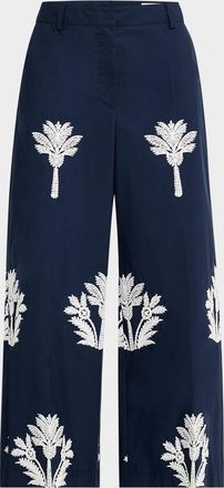 Maison Common Palm-Embroidered Cotton Wide-Leg Crop Pants