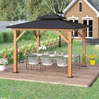 OUTSUNNY 3.5 x 3.5m Wood Frame Hardtop Gazebo w/ Double Vented Roof, Black
