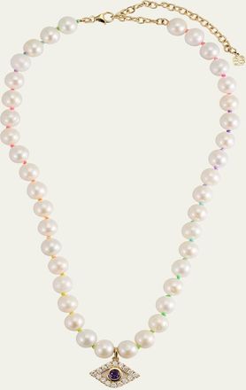Sydney Evan 14K Gold Bezel Evil Eye Charm Freshwater Pearl Necklace