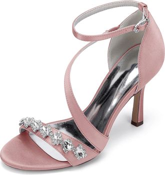 Generic Womens Bridal Satin Stiletto Sandals Dress Weddin Heel Formal Rhinestone Evening High Heels 9.5Cm,Flesh Pink,10 UK