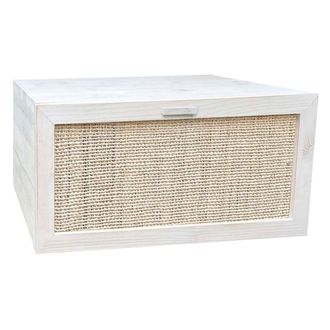 NATYAL Mesita de noche suspendida madera blanco envejecido caj&oacute;n rafia 40cm