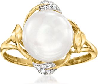Ross-Simons 10-10.5mm Cultured Pearl Leaf Ring With Diamond Accents in 14kt Yellow Gold
