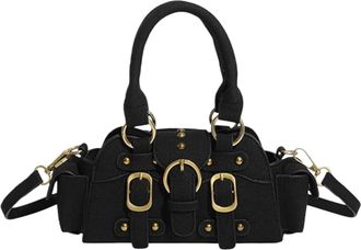 Generic Womens PU Studded Crossbody, Vintage-Inspired Top Handle Small Handbag, Fall Chic Belt Buckle Design Shoulder Purse(Black)