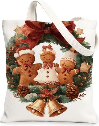 Generic Gingerbread Canvas Tote Bags, Festive Biscuits Design Reusable Shopping Bags, Holiday Cheer Lightweight Washable Shoulder Strap Canvas for Grocery Tra