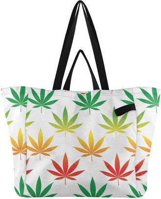 Generic Colorful Leaves White print Reusable Canvas Tote Bag, Heavy Duty Grocery Shopping Bag with Large Capacity Hard Bottom Double Handles Work Groceries Tr