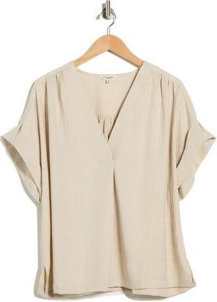 Max Studio V-Neck Short Sleeve Shirt in Heather Oatmeal at Nordstrom Rack, Size 2X