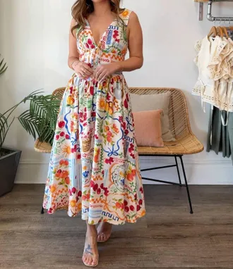 Dress Forum Kayla V-Neck Midi Dress In Suummer Picnic