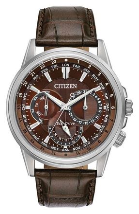 Citizen Calendrier Leather Strap Watch, 44mm in Brown at Nordstrom