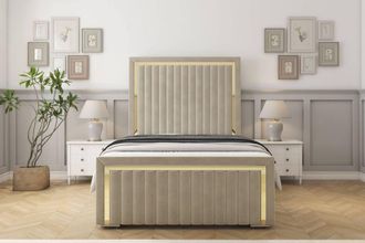 Sloomy Boston Gold Plush Bed Frame With 50 Upholstered Headboard in Cream | Size: Super King