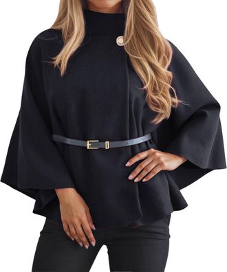 Generic Ladies Womens Jacket Belted Poncho Cape Coat Jumper Winter Top