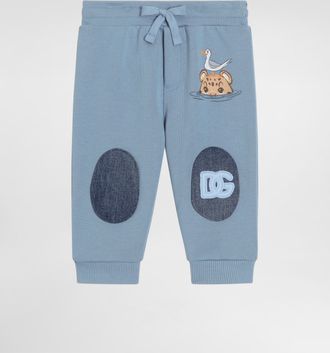 Dolce & Gabbana Fleece Trousers With Leopard Print And Dg Patch - Man Blue 12/18 Months