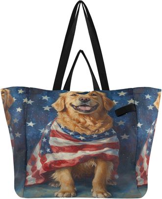 Generic Golden Dog Flag Stars pattern Reusable Canvas Tote Bag, Heavy Duty Grocery Shopping Bag with Hard Bottom Large Capacity Double Handles Work Groceries 
