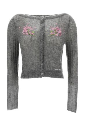 Shushu/Tong Grey Beaded Floral Wool-Blend Cardigan