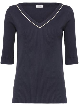 Brunello Cucinelli Monili-detail T-shirt - women - Cotton/Elastane - L - Blue