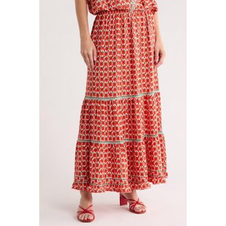 Max Studio Floral Tiered Maxi Skirt in Cream/Papaya Poppy Buds at Nordstrom Rack, Size X-Small