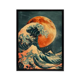Artery8 Full Moon Japanese Great Wave Framed Canvas Wall Art Print in Orange | Size: W24 x H32