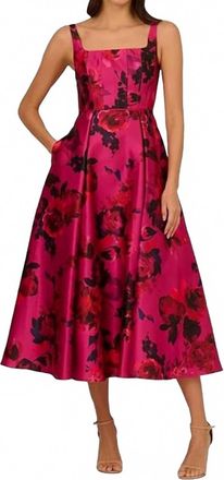 Adrianna Papell Rose Jacquard Thin Strap Square Neck Midi Dress In Pink