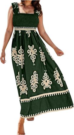 Generic Bodycon Dress Summer Dresses for Women UK Fashion Sleeveless Beach Wear Dress Casual Square Neck Maxi Dresses Elegant Waist Print Tank 1940s Dresses f